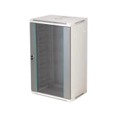 Szafa wisząca 19" 18U 600x600, niedzielona, drzwi szklane jednoskrzydłowe, tył osłona pełna, osłony boczne zamykane na klucz, kolor szary FLAT PACK, Q