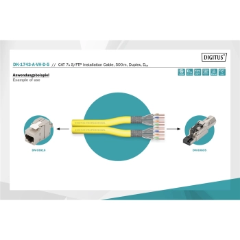 Kabel instalacyjny dupleksowy DIGITUS kat.7A, S/FTP, Dca, AWG 22/1, LSOH, 500m, żółty, szpula-120533