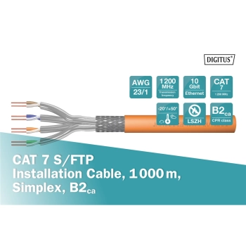 Kabel instalacyjny DIGITUS kat.7, S/FTP, B2ca, AWG 23/1, LSOH, 1000m, pomarańczowy, szpula-120591