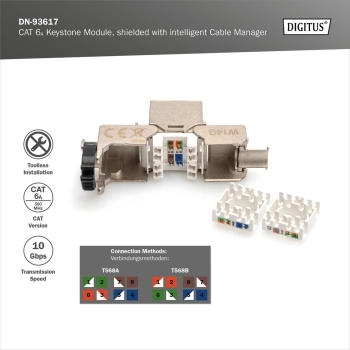 Moduł (gniazdo) keystone RJ45 (8P8C) kat.6A, STP,ekranowany, beznarzędziowy, stalowy, opaska czarna-129326
